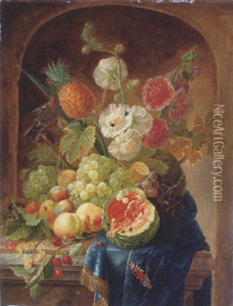 Melons, Grapes, A Lemon, Peaches, Plums, Cherries, White Currants, Gooseberries, A Bird's Nest And Other Things On A Draped Marble Ledge Oil Painting - Johannes Hendrik Fredriks