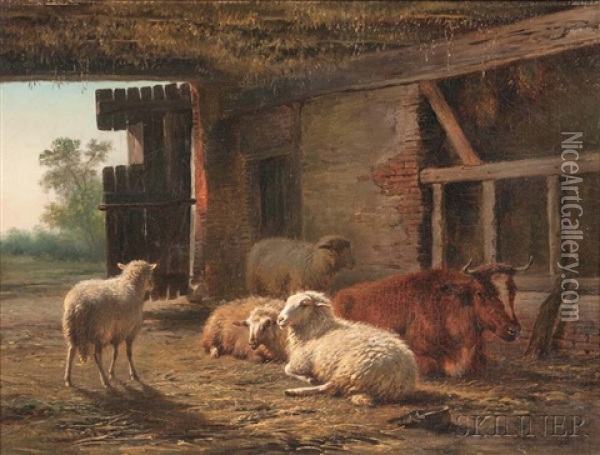 Resting Sheep And Cow In A Sunlit Barn Oil Painting - Frans Lebret