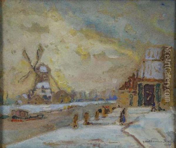 Moulin Et Canal Sous La Neige Oil Painting - Roger Guillaume