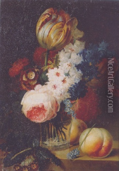 Roses, Tulips, Forget-me-nots And Other Flowers In A Glass Vase With Peaches On A Ledge Oil Painting - Jan van Os