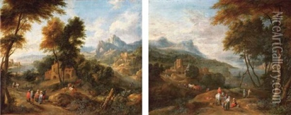 A Mountainous Wooded Landscape With Peasants (+ An Extensive River Landscape With Travellers, Both Collab. W/adriaen Frans Boudewijns; Pair) Oil Painting - Pieter Bout