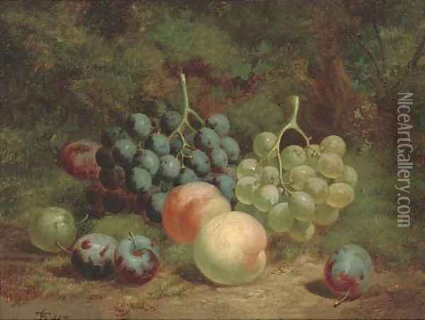 Peaches, grapes and plums on a mossy bank Oil Painting - Charles Thomas Bale