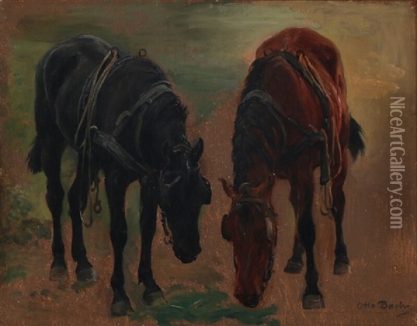 Two Horses Grazing Oil Painting - Otto Bache