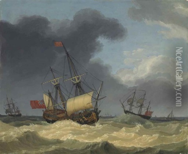 English Frigates In Choppy Water, With Other Boats Beyond Oil Painting - Jacob Philipp Hackert