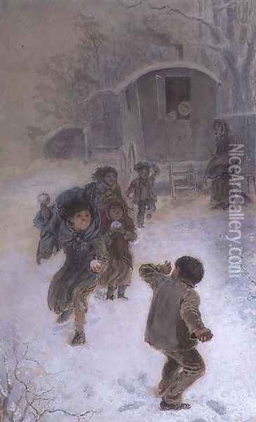 Gypsy children snowballing Oil Painting - Edmund Richard White