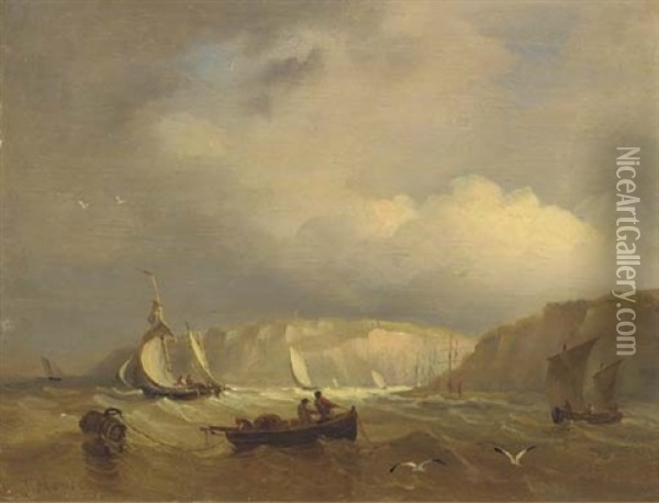 Shipping Off Dover (+ Shipping Off Dover Castle; 2 Works) Oil Painting - John Moore Of Ipswich