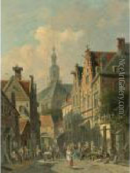 Villagers In A Dutch Town Oil Painting - Adrianus Eversen