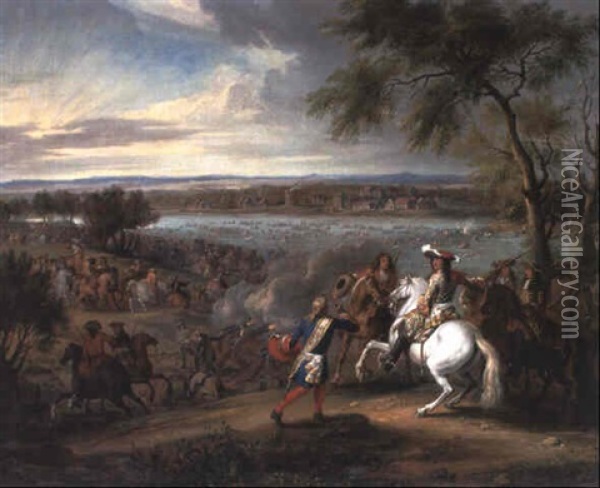 King Louis Xiv Of France Crossing The Rhine Near Lobith In 1672 Oil Painting - Adam Frans van der Meulen