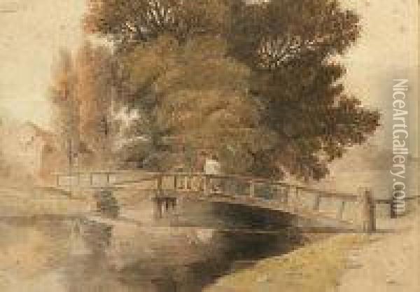 Figures On A Bridge In A Wooded River Landscape Oil Painting - Peter de Wint