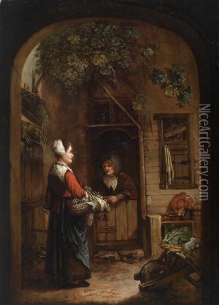 Eine Gemuseverkauferin Vor Der Hausture Oil Painting - Christian Wilhelm Ernst Dietrich
