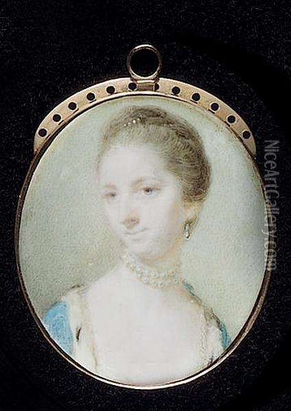 A Lady, Wearing Ermine-trimmed Blue Open Robe, Choker Of Crossed Strands Of Pearls, Drop Pearl Earring And Pearls In Her Upswept Hair Oil Painting - Jeremiah Meyer