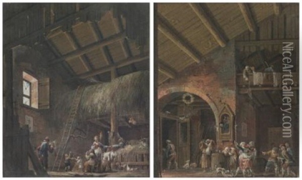 Barn Interiors With Figures (pair) Oil Painting - Giuseppe Bernardino Bison