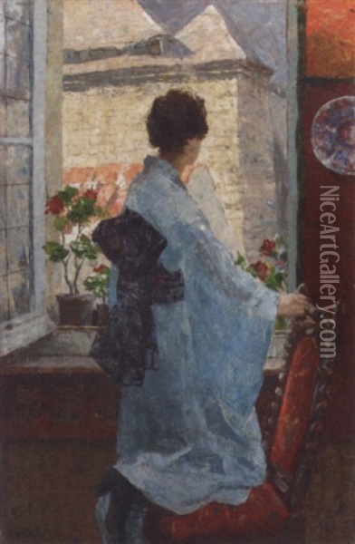 Girl In A Blue Kimono By A Window Oil Painting - Willy Van Riet