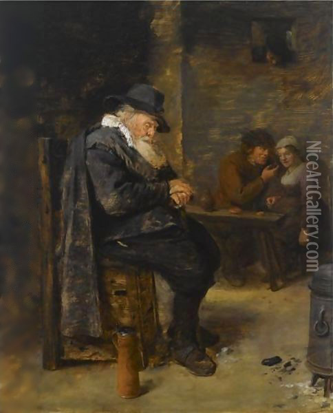 An Elderly Man Sleeping In An Inn With An Amorous Couple In The Background Oil Painting - Adriaen Brouwer