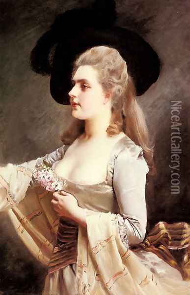 An Elegant Lady in a Black Hat Oil Painting - Gustave Jean Jacquet