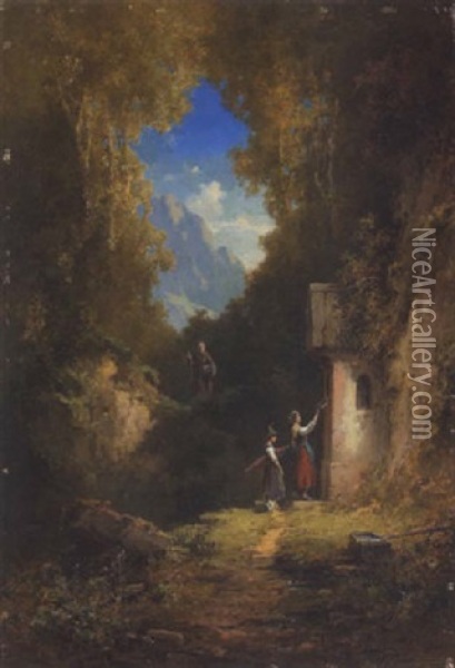 Zwei Dirndl Vor Der Waldkapelle Oil Painting - Willy Moralt
