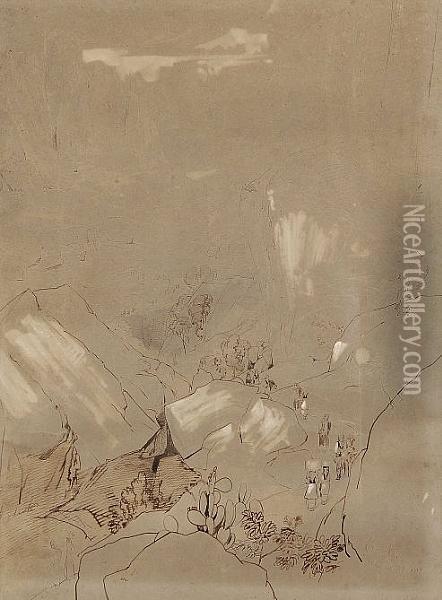 Figures On A Mountain Pass, Possibly Corsica Oil Painting - Edward Lear