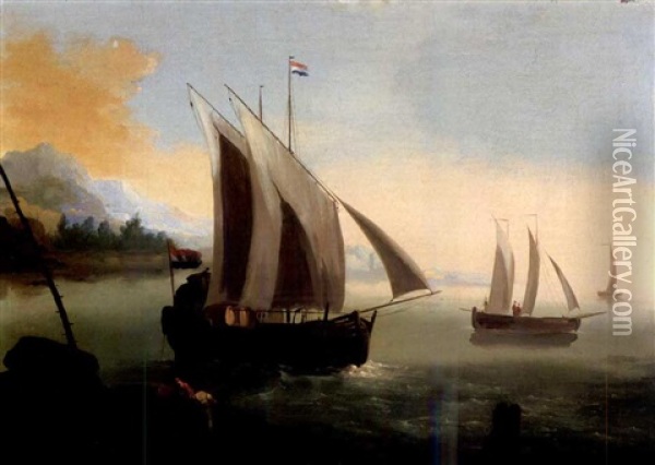 Dutch Merchant Ships Off A Rocky Coastline With Fishermen In The Foreground Oil Painting - Giuseppe Bernardino Bison