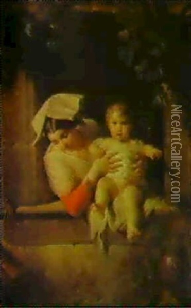 A Mother And Child At A Window Oil Painting - Giuseppe Mazzolani