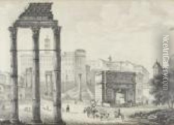 Vue Du Forum A Rome, Avec Les Vestiges Du Temple Des Dioscures Au Premier Plan Oil Painting - Michelangelo Pacetti