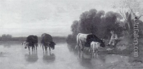 Kuhherde Im Flachen Uferwasser Oil Painting - Christian Friedrich Mali