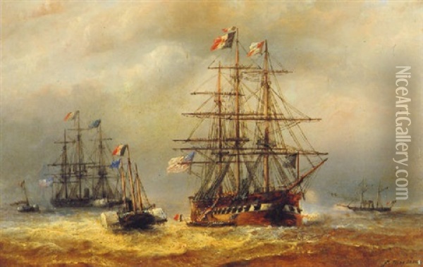 Merchant Ships, A Steamboat And A Pilot Vessel In A Choppy Sea Oil Painting - Francois-Etienne Musin