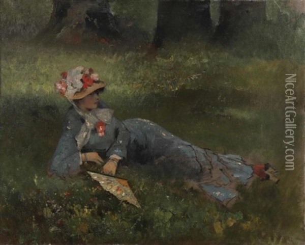 Jeune Femme A L'eventail Etendue Dans Un Pre Oil Painting - Octave Alfred Saunier