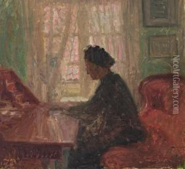 A Woman By The Sekretary, Reading Oil Painting - Jens Birkholm