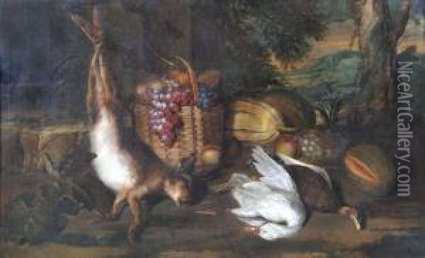 A Still Life Of A Dead Hare Hanging From A Branch Oil Painting - Agatha Van Der Myn