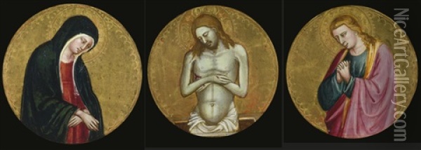 Ecce Homo With The Madonna And Saint John The Evangelist, Three Predella Roundels Oil Painting -  Bicci di Lorenzo