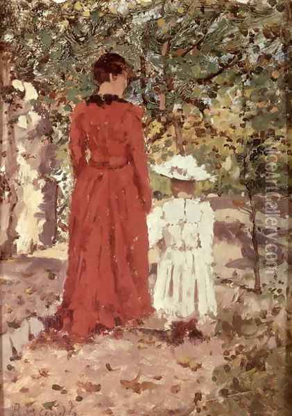 Woman and Child in the Garden, 1900 Oil Painting - Enrico Reycend