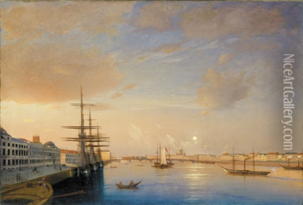 View Of Blagoveschensky Bridge And St. Petersburg Embankment Oil Painting - Maksim Nikiforovich Vorobiev