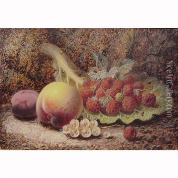 Still Life With A Peach, Plum, Raspberries And Gooseberries On A Mossy Bank Oil Painting - Oliver Clare