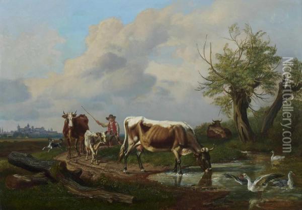 Hirte Mit Rindern Auf Dem Weg Zur Tranke. Oil Painting - Johann Adam Klein
