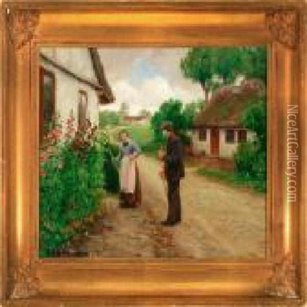 A Chat At The Old Peasant House Oil Painting - Hans Anderson Brendekilde