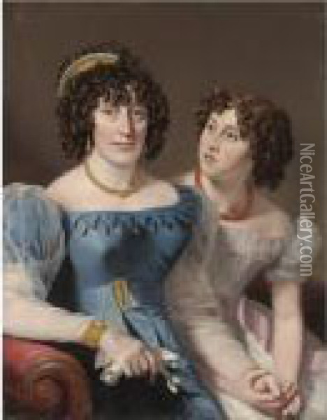 Portait Of A Lady And Her Daughter, Half Length, Seated On A Red Couch Oil Painting - Henri-Francois Riesener