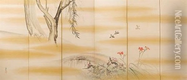 Six-fold Screen With A Tsugumi Hovering Over A Bridge (+ Six-fold Screen With Shijyukara Flying Toward Thistle; Pair) Oil Painting - Gyokusho Kawabata