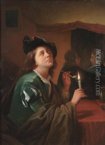 A Young Man Smoking By Candlelight In A Tavern Interior Oil Painting - Godfried Schalcken