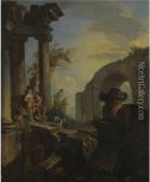 An Architectural Capriccio With A Couple Seated And A Dog Beneath Ruined Columns Oil Painting - Giovanni Niccolo Servandoni