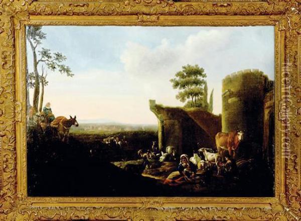 Cappricio Landscape With Figures And Cattle Oil Painting - Nicolaes Berchem