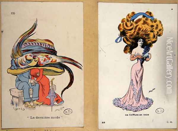 La Derniere Mode, fashion plates caricaturing hair and hat styles, 1909 Oil Painting - Xavier Sager