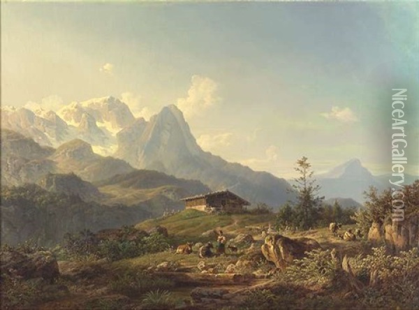 Alpenlandschaft Mit Bergbauernhof, Hirtin Und Vieh Oil Painting - Johann Nepomuk Ott