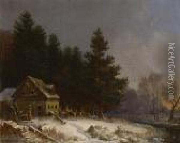 Wildfutterung Im Winter Oil Painting - Heinrich Burkel