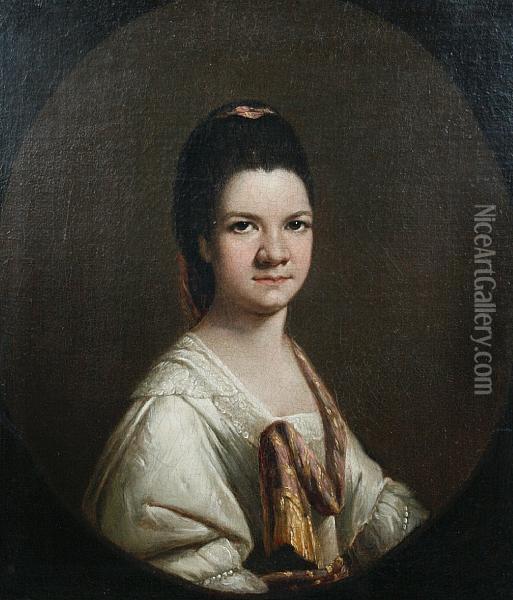 A Bust Portait Of A Woman With Dark Hairwearing A White Dress, In A Painted Oval Oil Painting - Mason, Chamberlin Jnr.