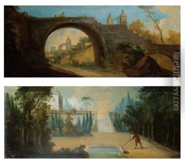Arcade Au Dessus D'une Ruelle Animee De Personnages (+ Scene De Jardinage; 2 Works) Oil Painting - Michel-Ange Houasse