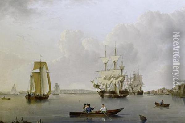 Merchant Ships And Indiamen 
Lying Off The Isle Of Dogs With Smaller Vessels In The River And 
Greenwich Hospital On The Opposite Bank Oil Painting - William Anderson