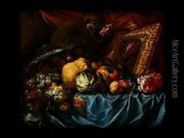 Fruchtestilleben Mit Spiegel Und Einer Meerkatze Oil Painting - Giovanni Paolo Castelli Spadino
