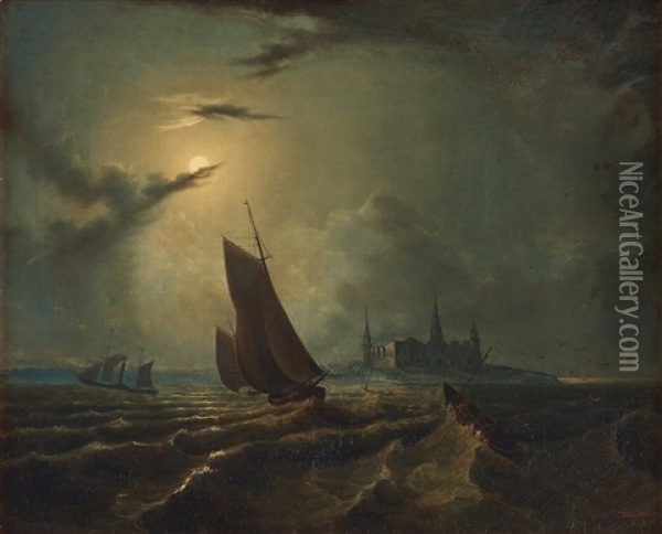 Maritime Scene From Kronborg Castle Oil Painting - Marcus Larsson