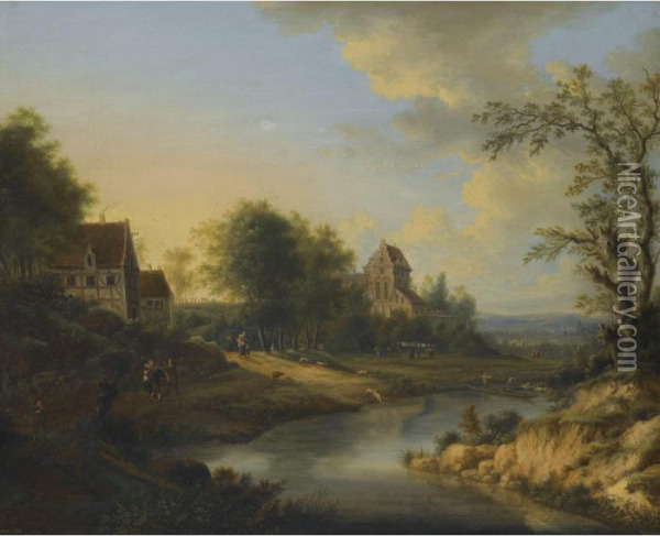 A River Landscape With Figures On The Bank And Sheep Grazing Oil Painting - Johann Christian Vollerdt or Vollaert