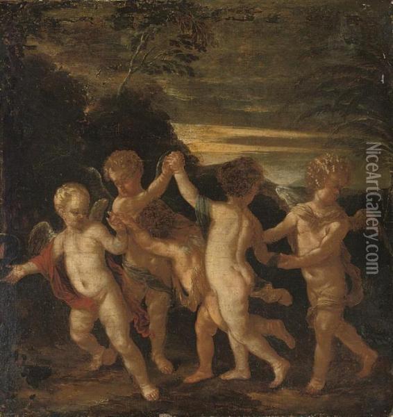 Putti Disporting In A Landscape Oil Painting - Tiziano Vecellio (Titian)